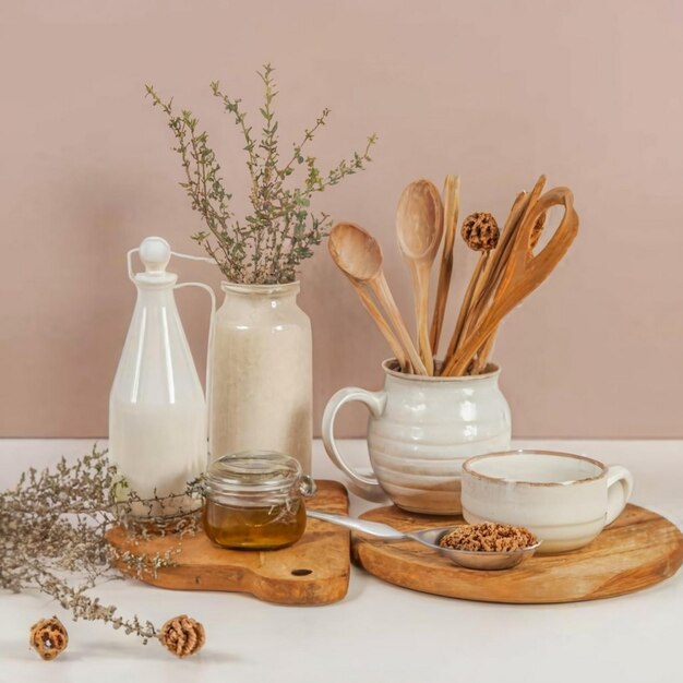 Pastelowa kuchnia z przyborami